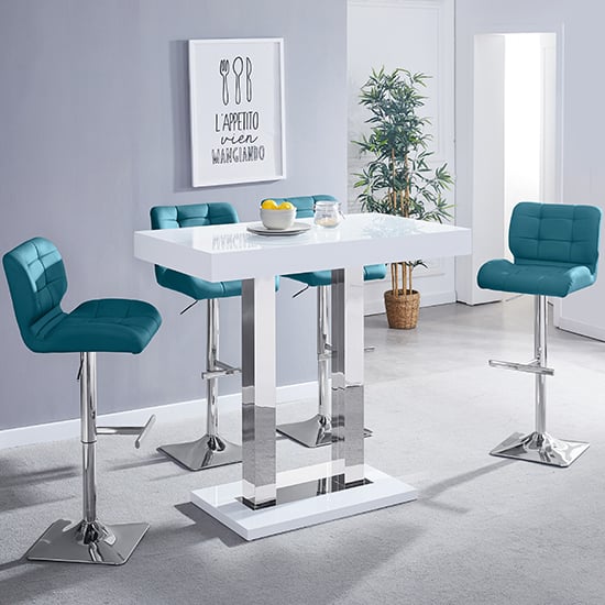 Caprice White High Gloss Bar Table With 4 Candid Teal Stools_1