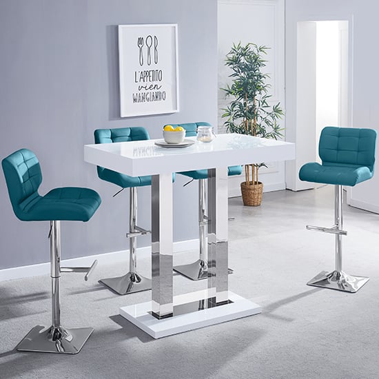 Photo of Caprice white high gloss bar table with 4 candid teal stools