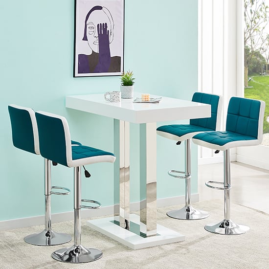 Caprice White Gloss Bar Table With 4 Copez Teal White Stools