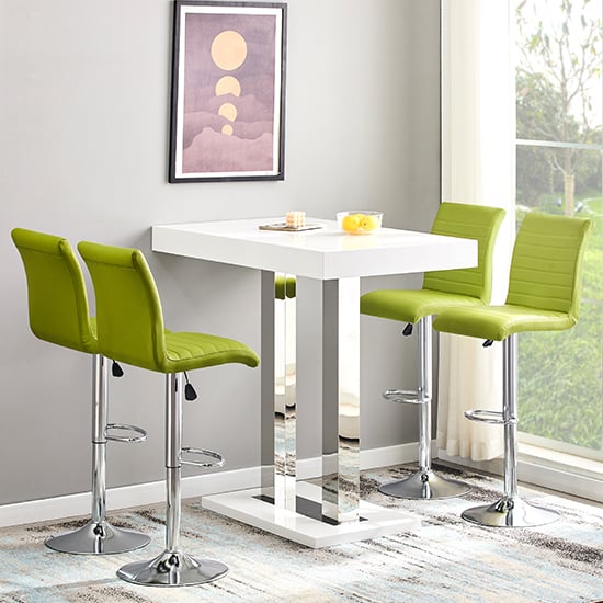 Product photograph of Caprice White High Gloss Bar Table With 4 Ripple Green Stools from Furniture in Fashion