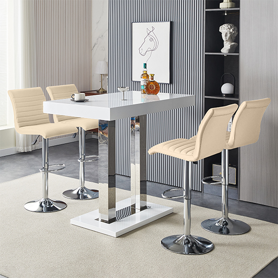 Caprice White High Gloss Bar Table 4 Ripple Taupe Stools