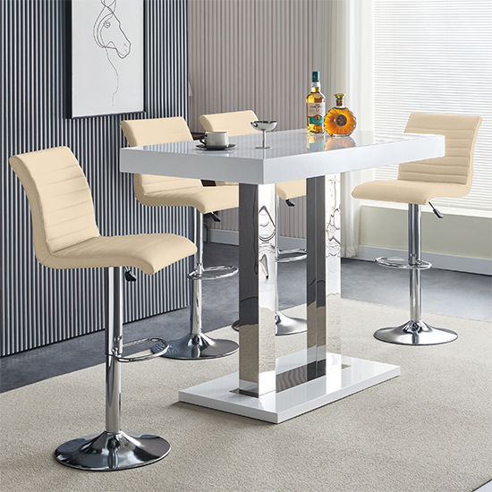 Caprice White High Gloss Bar Table 4 Ripple Taupe Stools