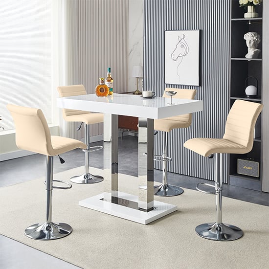 Product photograph of Caprice White High Gloss Bar Table With 4 Ripple Taupe Stools from Furniture in Fashion