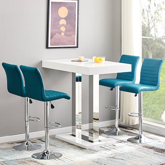 Read more about Caprice white high gloss bar table with 4 ripple teal stools