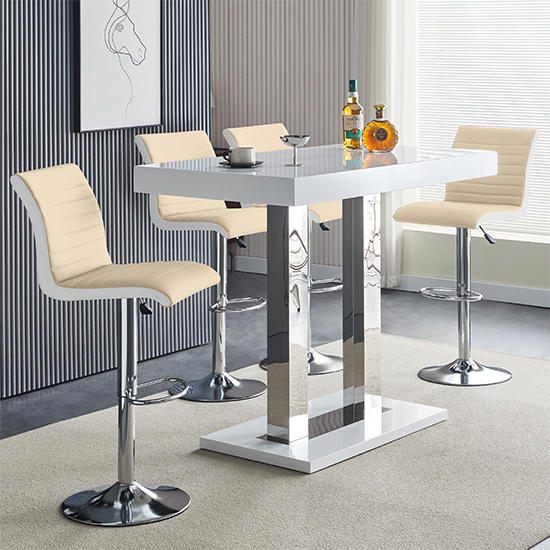Caprice White High Gloss Bar Table 4 Ritz Taupe White Stools