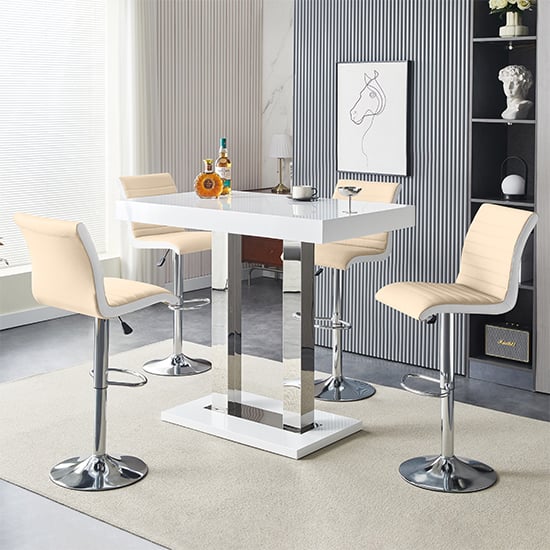 Product photograph of Caprice White High Gloss Bar Table 4 Ritz Taupe White Stools from Furniture in Fashion