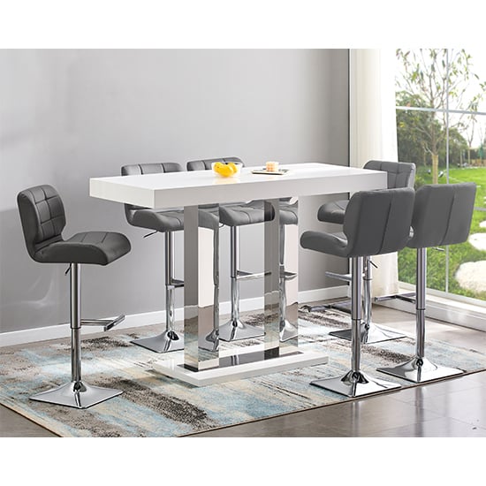 Photo of Caprice large white gloss bar table with 6 candid grey stools