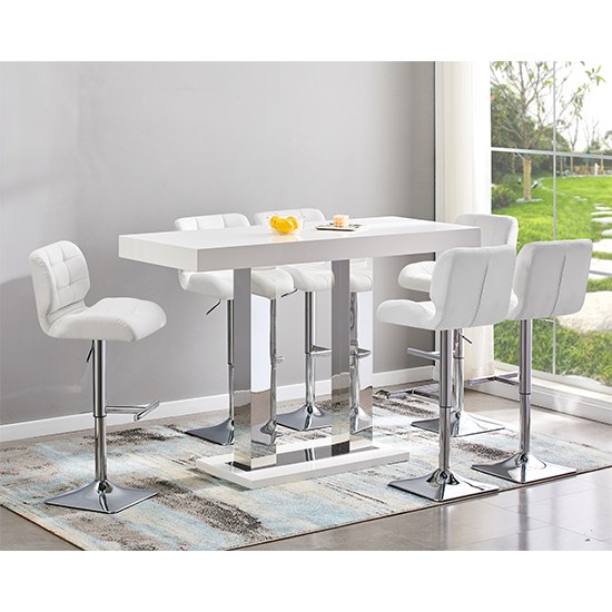 Caprice Large White Gloss Bar Table With 6 Candid White Stools