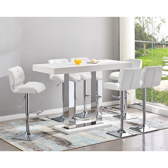 Photo of Caprice large white gloss bar table with 6 candid white stools