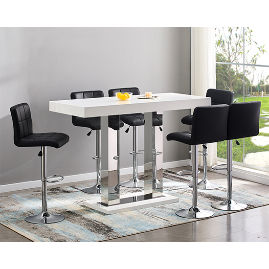 Photo of Caprice large white gloss bar table with 6 coco black stools