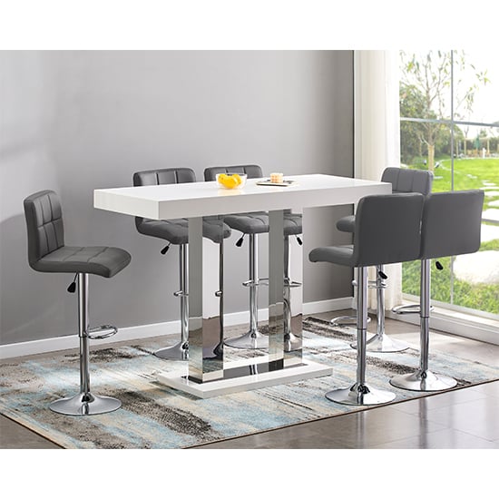 Photo of Caprice large white gloss bar table with 6 coco grey stools