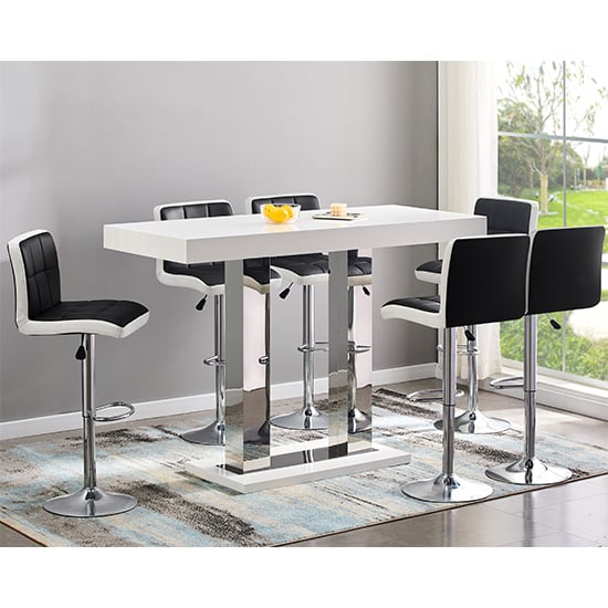 Photo of Caprice large white gloss bar table 6 copez black white stools