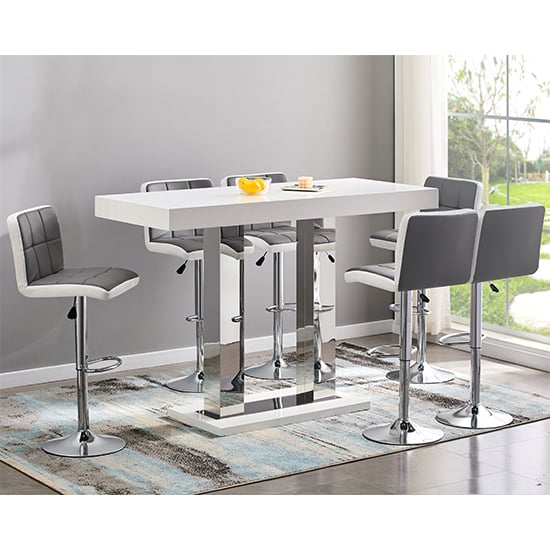 Product photograph of Caprice Large White Gloss Bar Table 6 Copez Grey White Stools from Furniture in Fashion