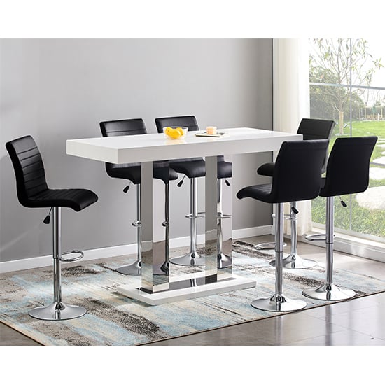 Photo of Caprice large white gloss bar table with 6 ripple black stools