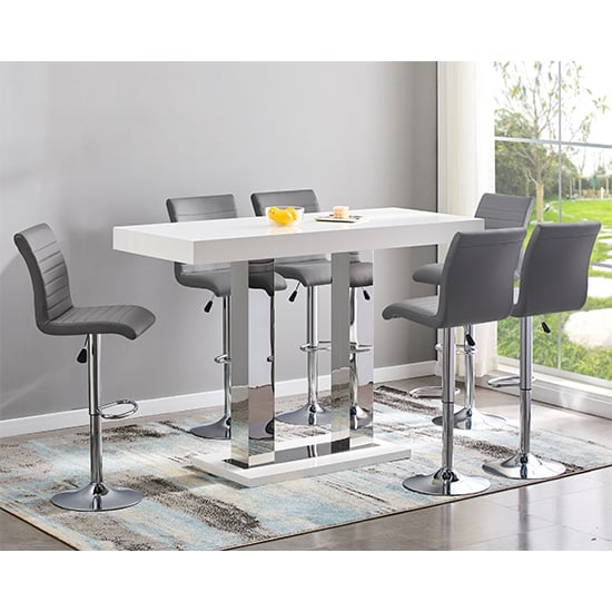 Photo of Caprice large white gloss bar table with 6 ripple grey stools