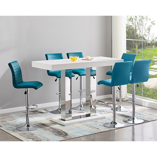 Product photograph of Caprice Large White Gloss Bar Table With 6 Ripple Teal Stools from Furniture in Fashion