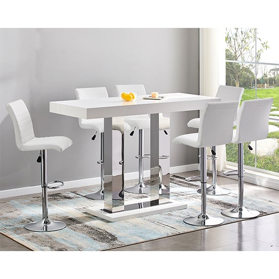 Photo of Caprice large white gloss bar table with 6 ripple white stools