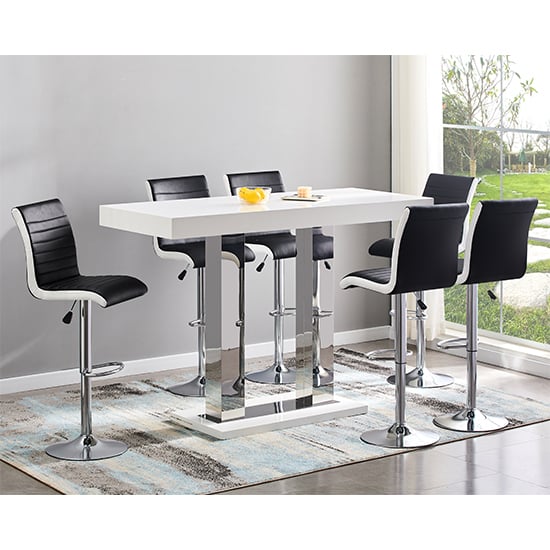 Read more about Caprice large white gloss bar table 6 ritz black white stools