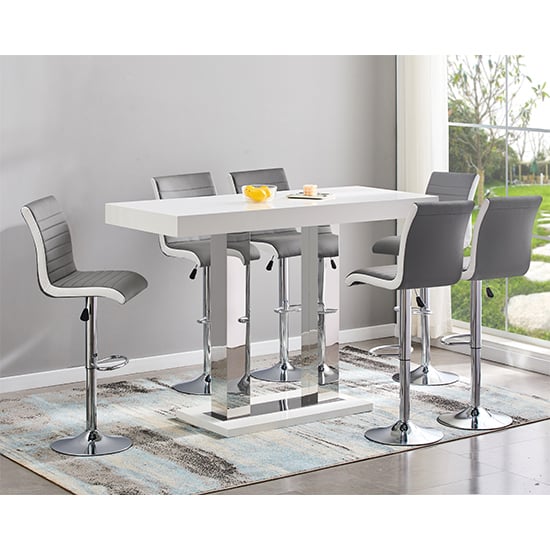 Photo of Caprice large white gloss bar table 6 ritz grey white stools