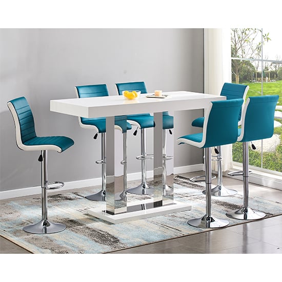 Read more about Caprice large white gloss bar table 6 ritz teal white stools