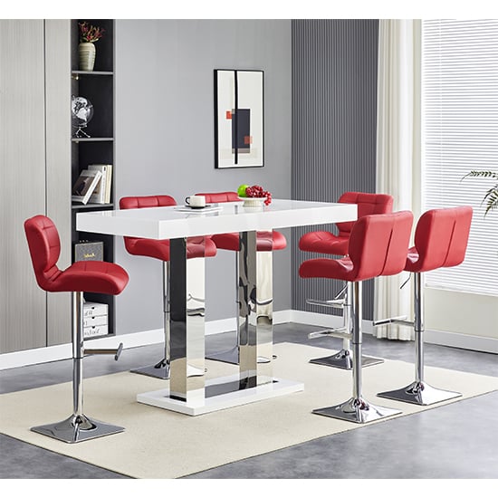 Read more about Caprice large white gloss bar table 6 candid bordeaux stools