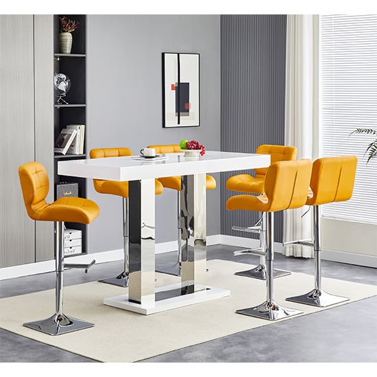 Read more about Caprice large white gloss bar table 6 candid curry stools