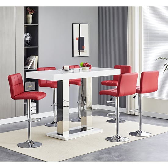 Read more about Caprice large white gloss bar table 6 coco bordeaux stools
