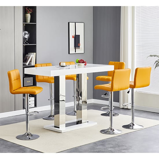 Read more about Caprice large white gloss bar table 6 coco curry stools