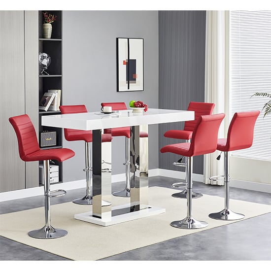 Product photograph of Caprice White High Gloss Bar Table Large 6 Ripple Bordeaux Stools from Furniture in Fashion