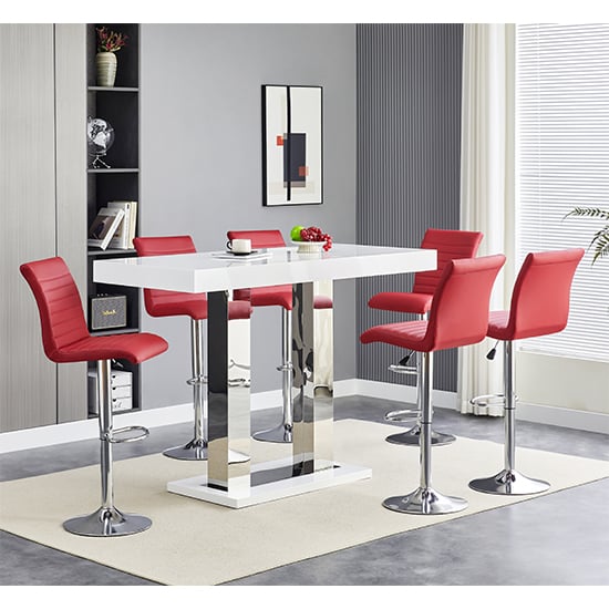 Read more about Caprice large white gloss bar table 6 ripple bordeaux stools