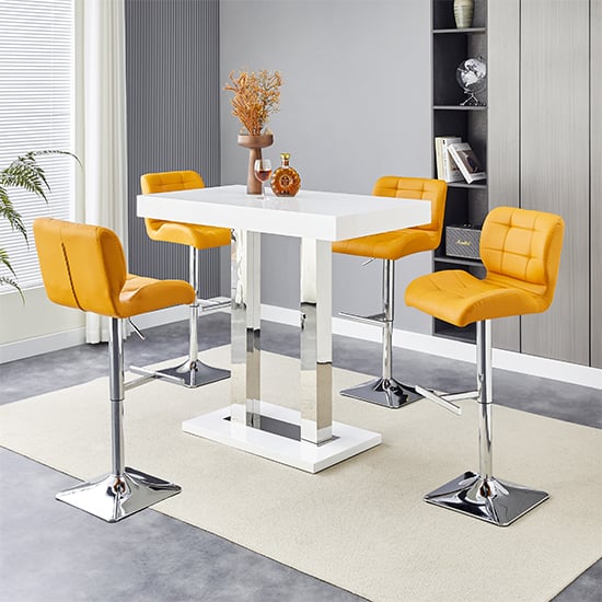 Product photograph of Caprice White High Gloss Bar Table Small 4 Candid Curry Stools from Furniture in Fashion
