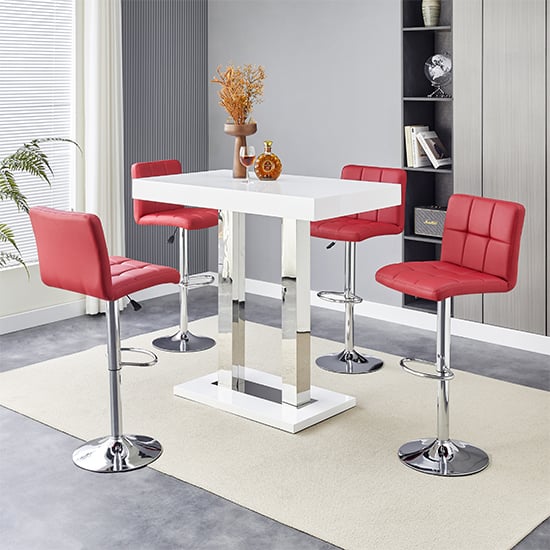 Caprice White High Gloss Bar Table Small 4 Coco Bordeaux Stools