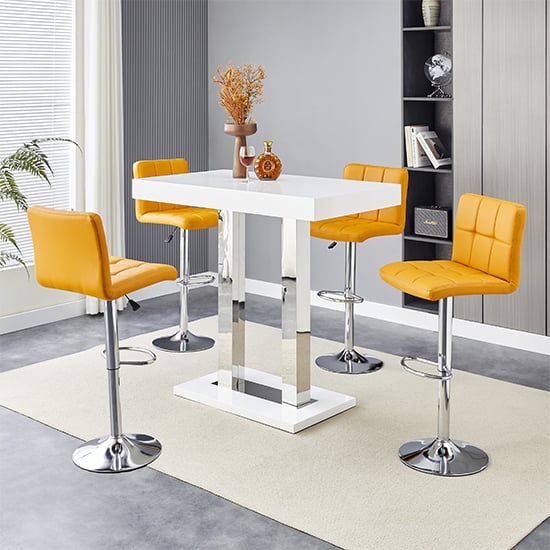 Product photograph of Caprice White High Gloss Bar Table Small 4 Coco Curry Stools from Furniture in Fashion