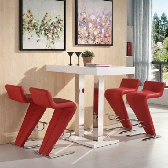 Caprice Bar Table In White Gloss And 4 Farello Red Bar Stools