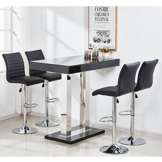 Photo of Caprice black high gloss bar table with 4 ripple black stools