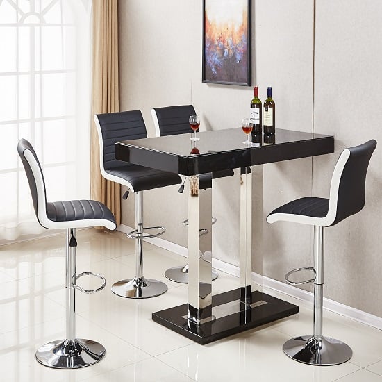 Product photograph of Caprice Black High Gloss Bar Table 4 Ritz Black White Stools from Furniture in Fashion