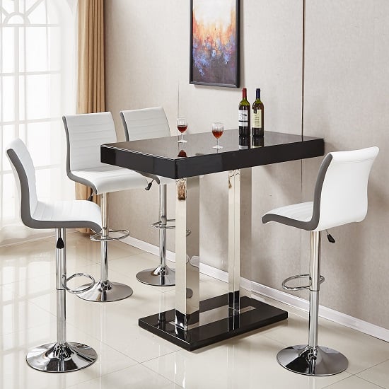 Product photograph of Caprice Black High Gloss Bar Table 4 Ritz White Grey Stools from Furniture in Fashion