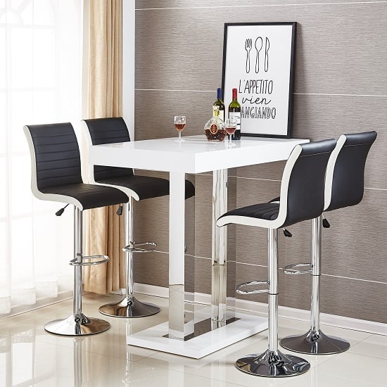 Photo of Caprice white high gloss bar table 4 ritz black white stools