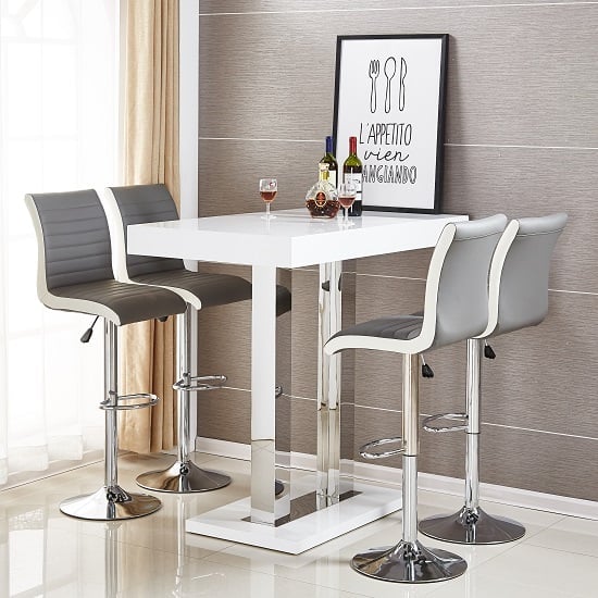 Photo of Caprice white high gloss bar table 4 ritz grey white stools