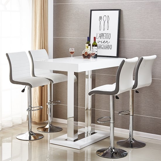 Product photograph of Caprice White High Gloss Bar Table 4 Ritz White Grey Stools from Furniture in Fashion