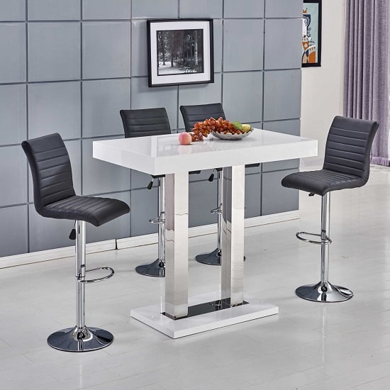 Photo of Caprice white high gloss bar table with 4 ripple black stools