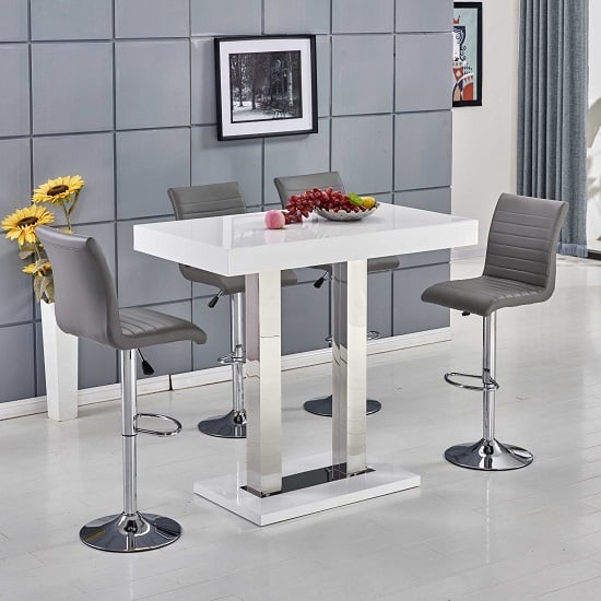 Photo of Caprice white high gloss bar table with 4 ripple grey stools