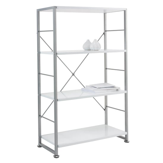 Carbine Wooden Bookcase With Grey Metal Frame In White_2