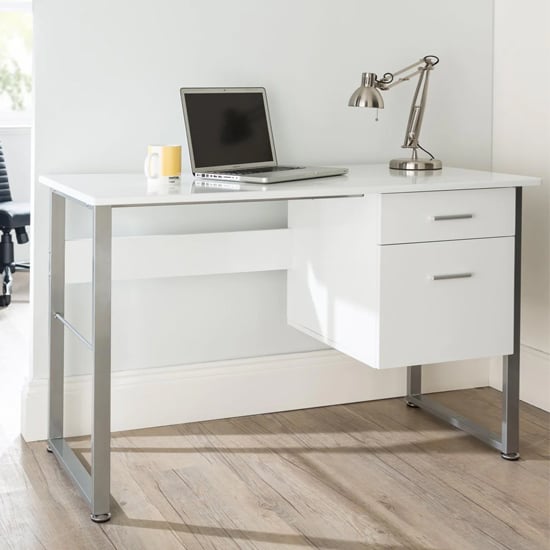 Read more about Carbine wooden laptop desk with grey metal frame in white