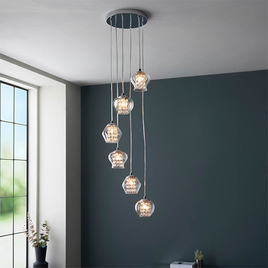 Photo of Cardiff 6 lights ribbed glass ceiling pendant light in chrome