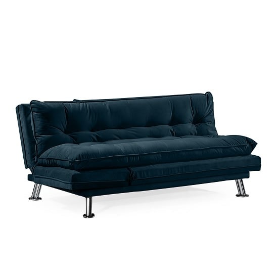 Cardiff Fabric Sofa Bed In Blue Velvet And Polished Chrome Legs