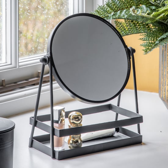 Photo of Cardiff vanity mirror with tray in black iron frame