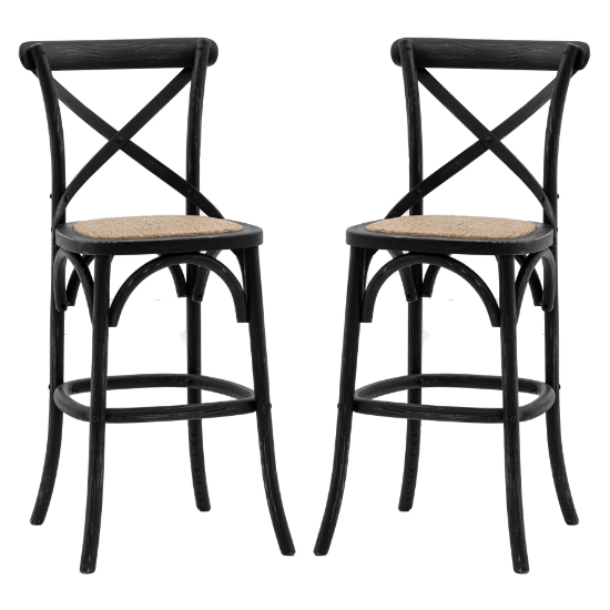 Photo of Caria black wooden bar chairs with rattan seat in a pair