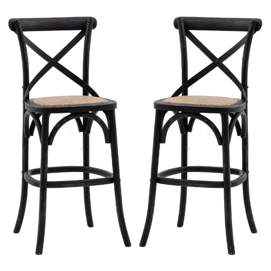 Read more about Caria black wooden bar stools with rattan seat in pair