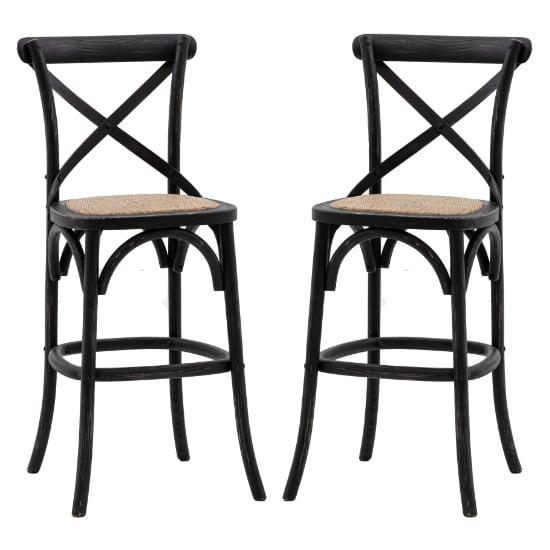 View Caria black wooden bar chairs with rattan seat in a pair